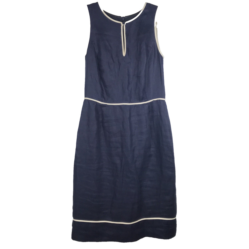 J.Crew Linen Sheath Dress Sleeveless Navy Blue White Lined Nautical Size 4T Tall